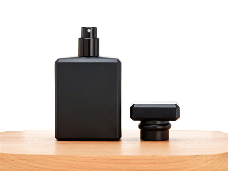 Flat square matte black perfume glass bottle