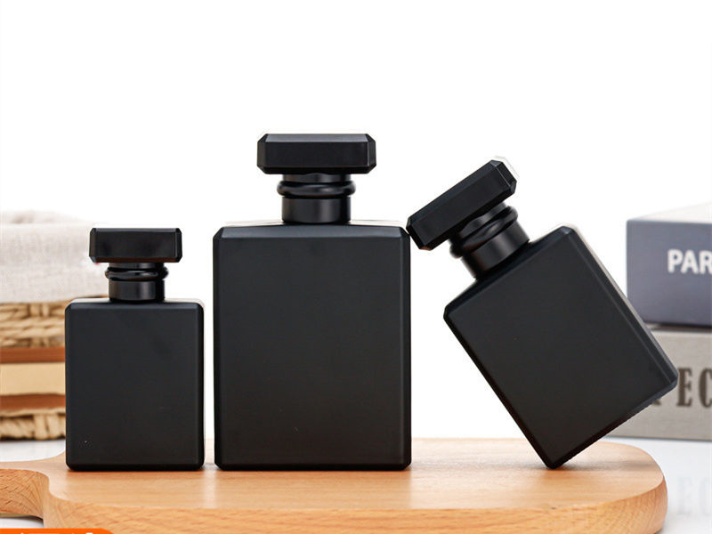 Flat square matte black perfume glass bottle