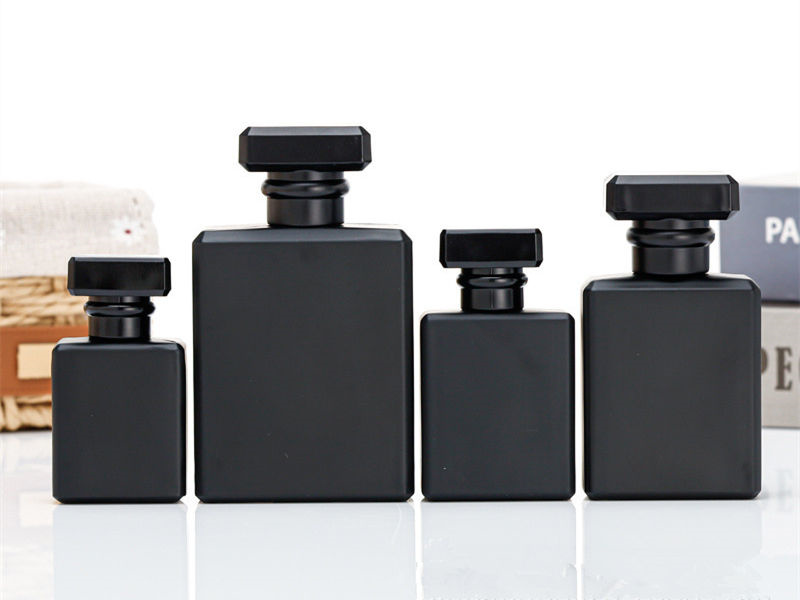 Flat square matte black perfume glass bottle