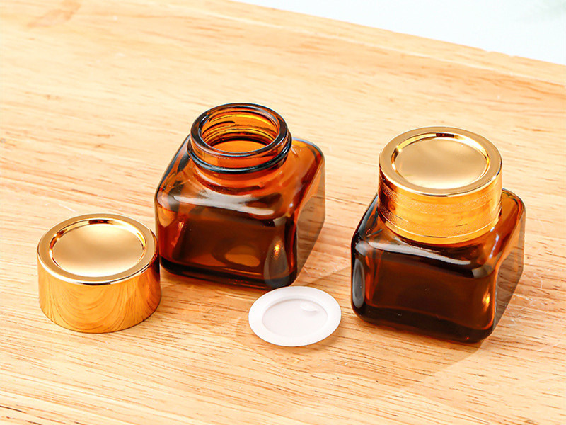 Amber glass Square Cream Jar with gold cap