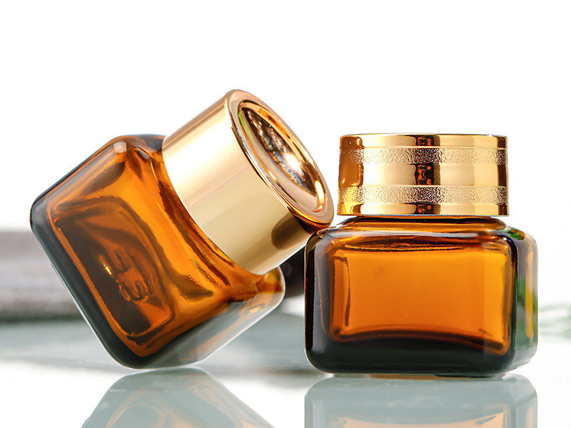 Amber glass Square Cream Jar with gold cap