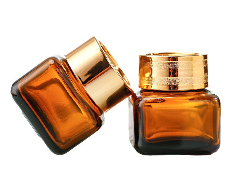 Amber glass Square Cream Jar with gold cap