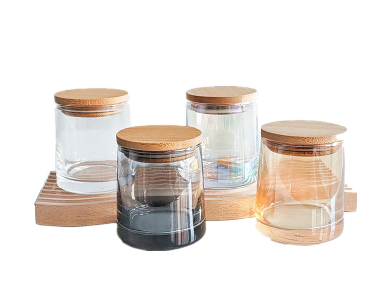 Amber colored candle jars with wooden lid