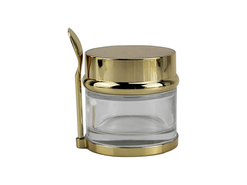 Gold plated lid glass face cream jars with spoon