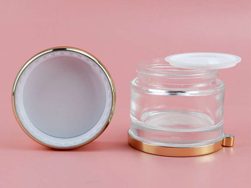 Gold plated lid glass face cream jars with spoon