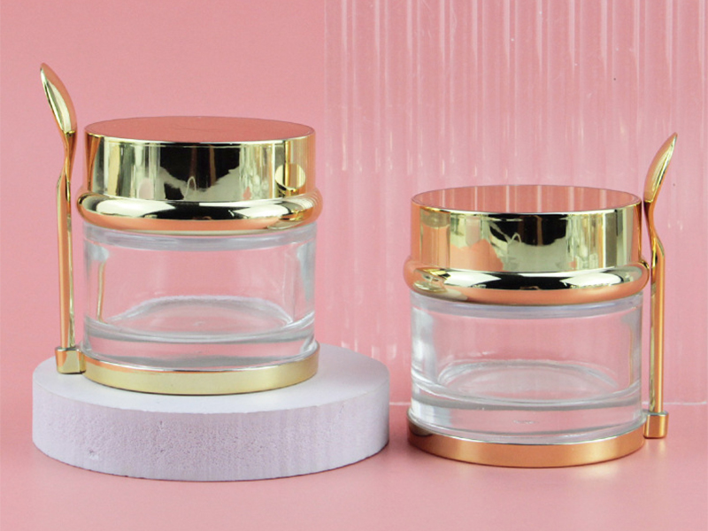 Gold plated lid glass face cream jars with spoon